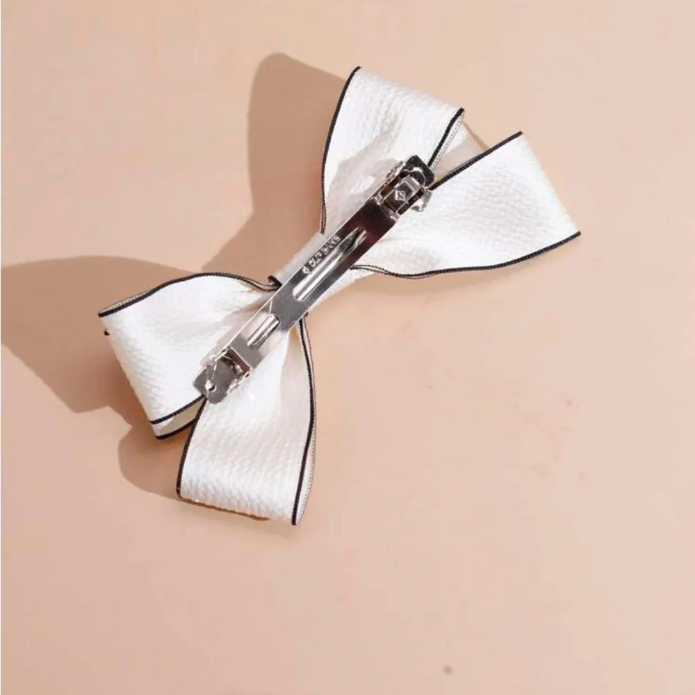 White And Black Trim Ribbon Bow Hair Clip - Picture 4 of 4
